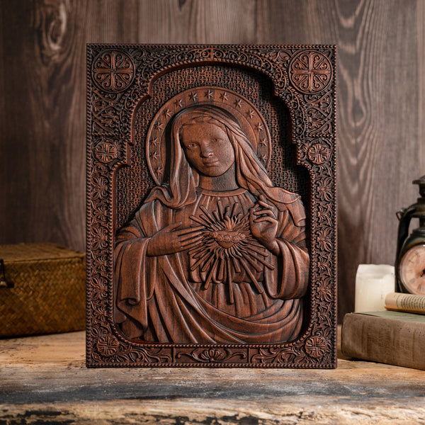 Immaculate Heart of Mary Wooden Mary statuary Christian home decor Our Lady birthday religious gift