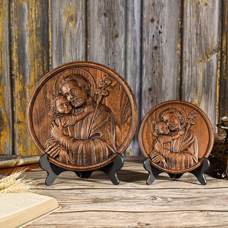 Joseph and Baby Jesus wood carving plaque - Father‘s day gift