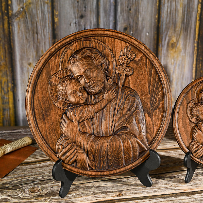 Joseph and Baby Jesus wood carving plaque - Father‘s day gift