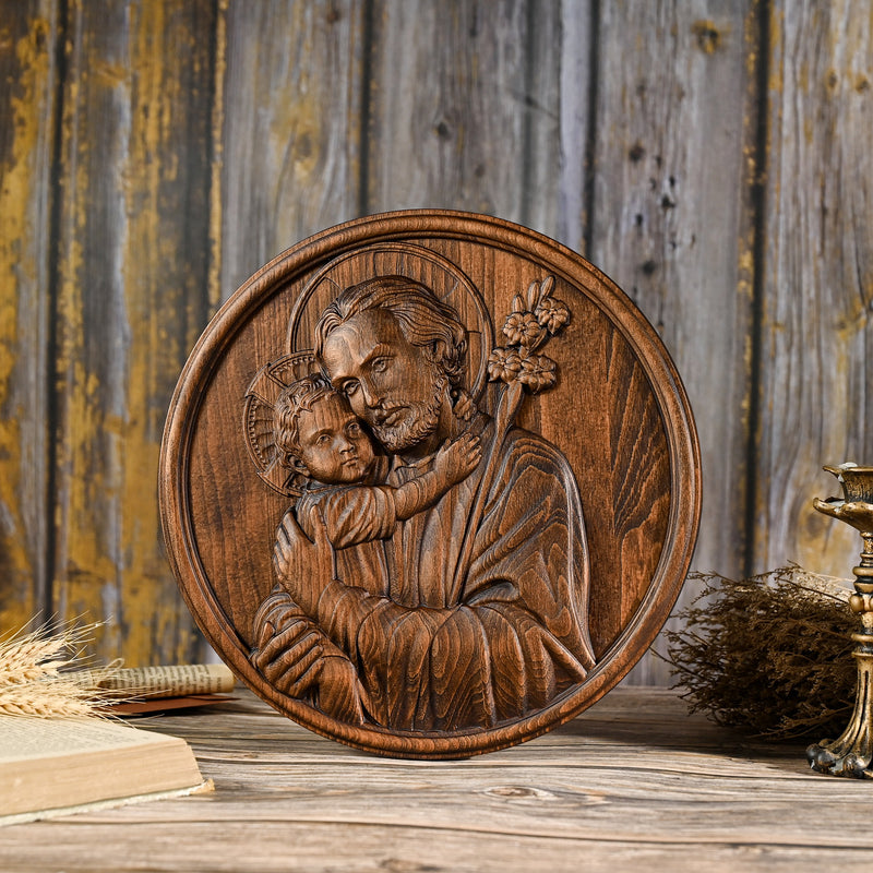 Joseph and Baby Jesus wood carving plaque - Father‘s day gift