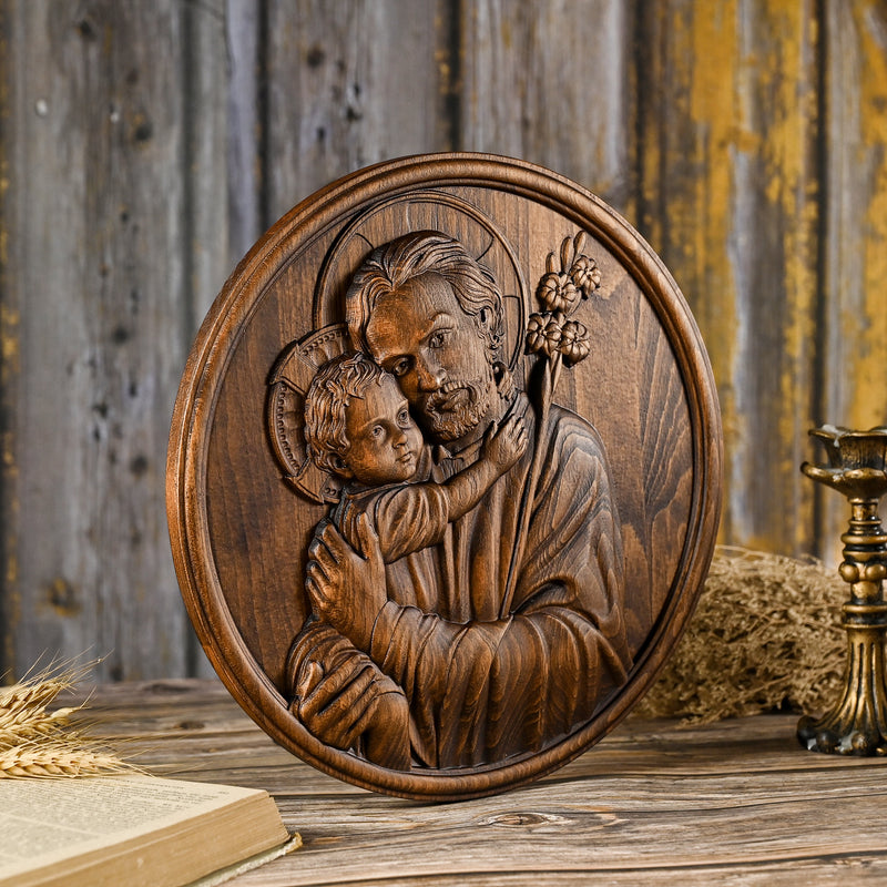 Joseph and Baby Jesus wood carving plaque - Father‘s day gift