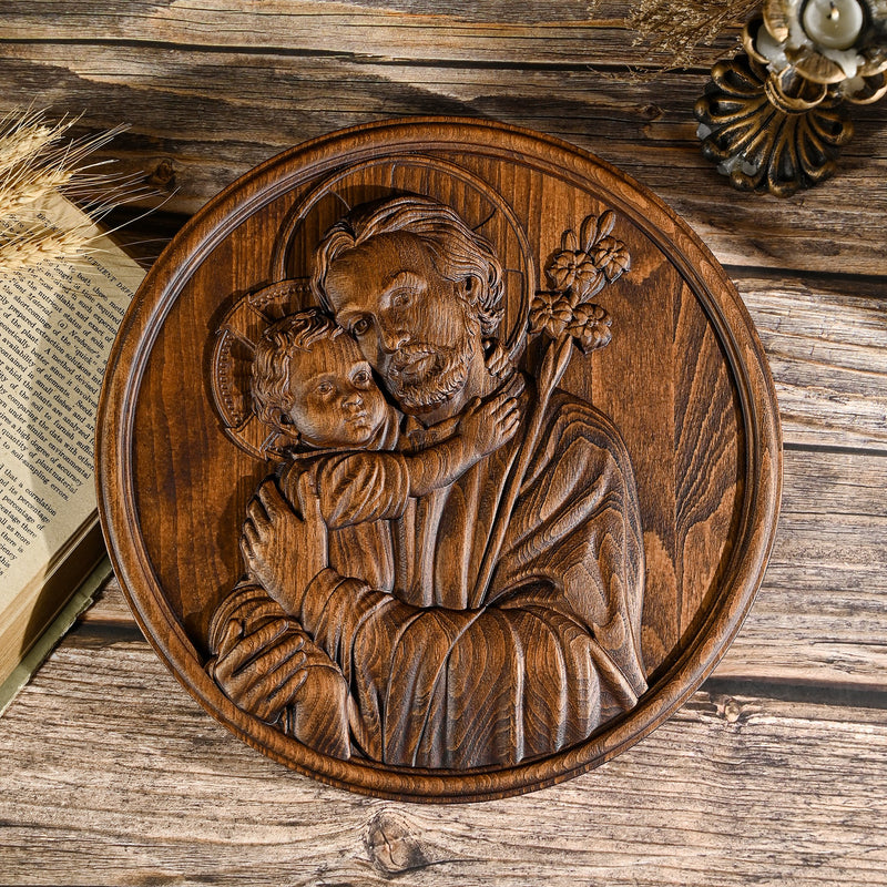 Joseph and Baby Jesus wood carving plaque - Father‘s day gift