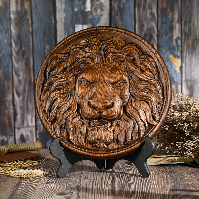 Carved Lion Head Wood Carving Wall Art