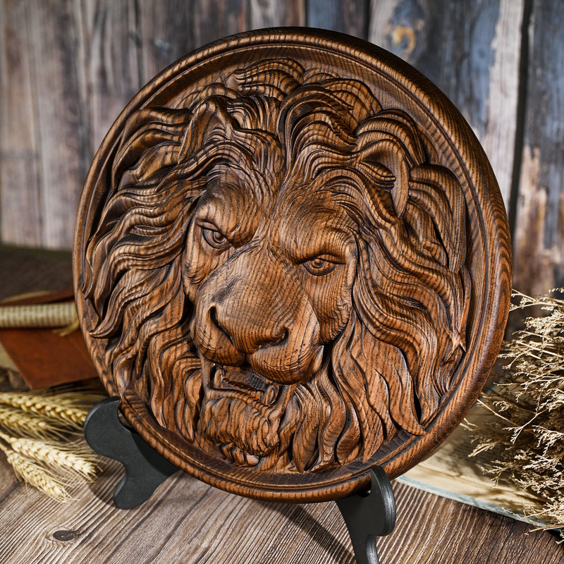 Carved Lion Head Wood Carving Wall Art