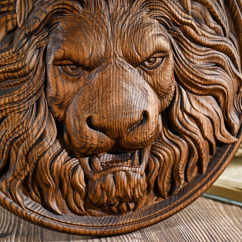 Carved Lion Head Wood Carving Wall Art