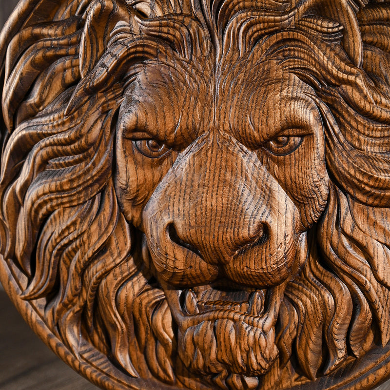 Carved Lion Head Wood Carving Wall Art