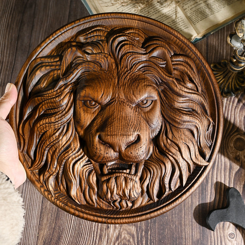 Carved Lion Head Wood Carving Wall Art