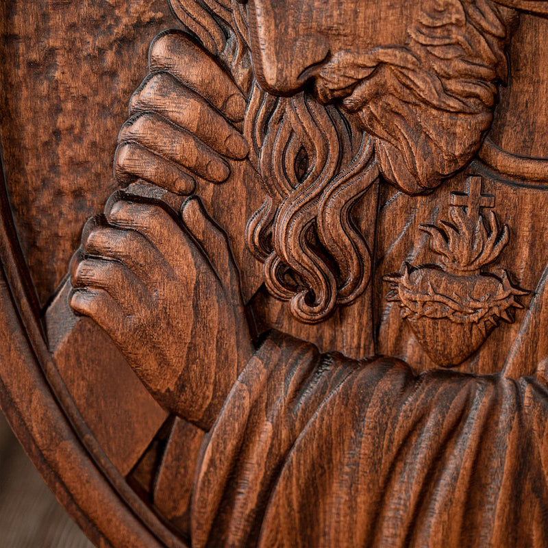 Jesus Crown of Thorns Jesus Inlaid Sacred Heart Crucifix Wooden Sculpture