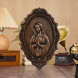 Hand-Carved Virgin Mary Prayer Wall Plaque – Ornate Beechwood Catholic Religious Decor,