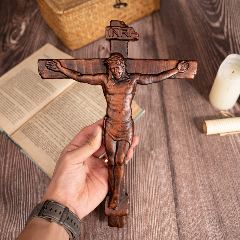 Wood wall Crucifix, Jesus Christ Cross, wooden Cross gift of love (Add a dollar and get a free necklace!)