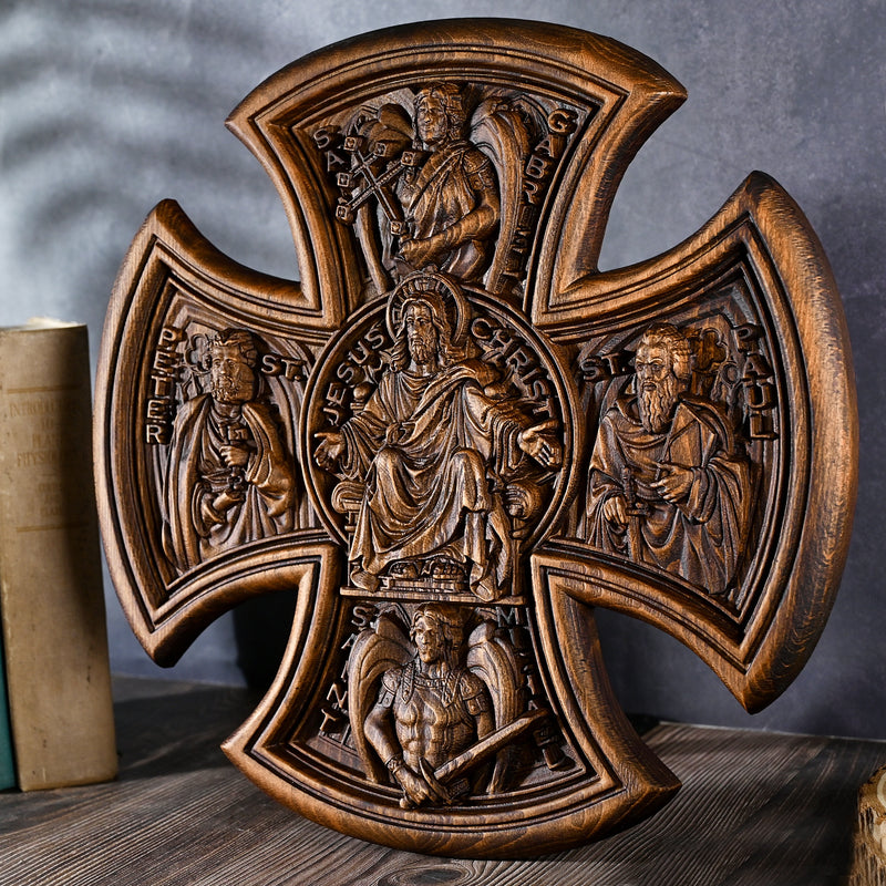 Trinity Jesus and Mary Wood Cross