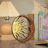 Hand-Carved Sun and Moon Wooden Wall Decor – Gold & Rustic Brown Celestial Wall Hanging