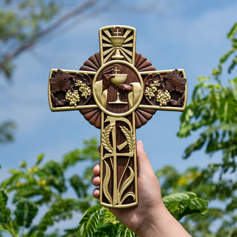 Holy Grail Wood Craving Cross-Handmade Religious Medal Gift