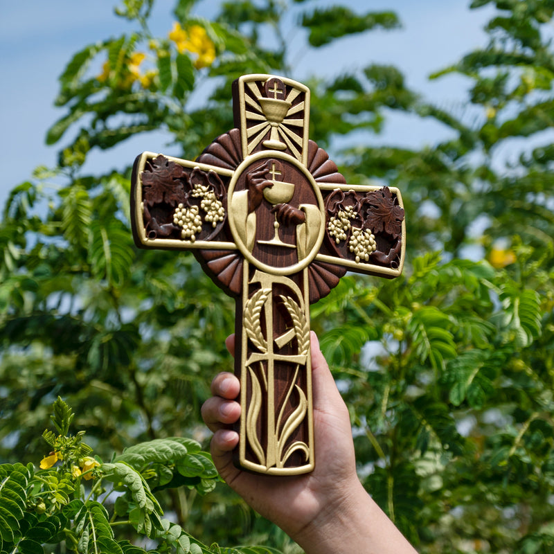 Holy Grail Wood Craving Cross-Handmade Religious Medal Gift