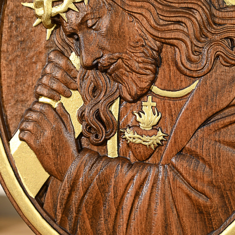 Jesus Crown of Thorns Jesus Inlaid Sacred Heart Crucifix Wooden Sculpture