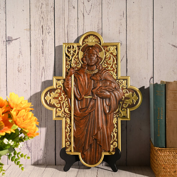 God Shepherd Religious Gift Wood Carving Cross Christian Wall Art