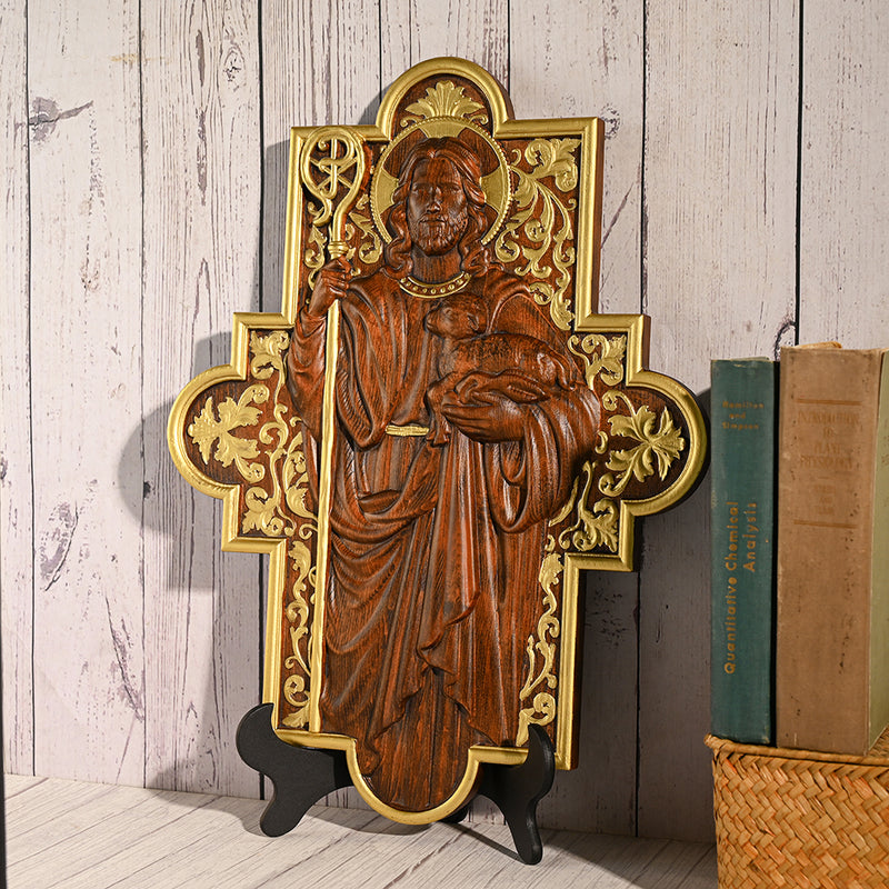 God Shepherd Religious Gift Wood Carving Cross Christian Wall Art