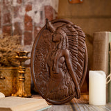 Native American Woman and Wolf Wood Carving Decor - Engraved on Natural Wood