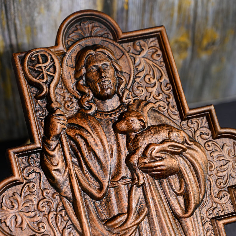 God Shepherd Religious Gift Wood Carving Cross Christian Wall Art