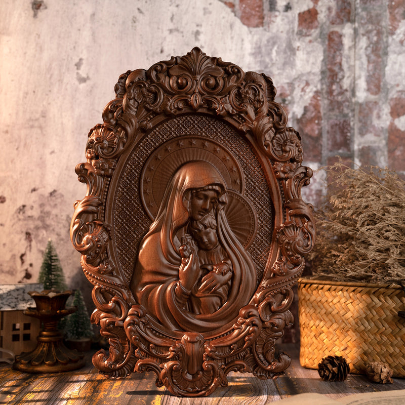Mother Mary with Baby Jesus Wood Carving Decor