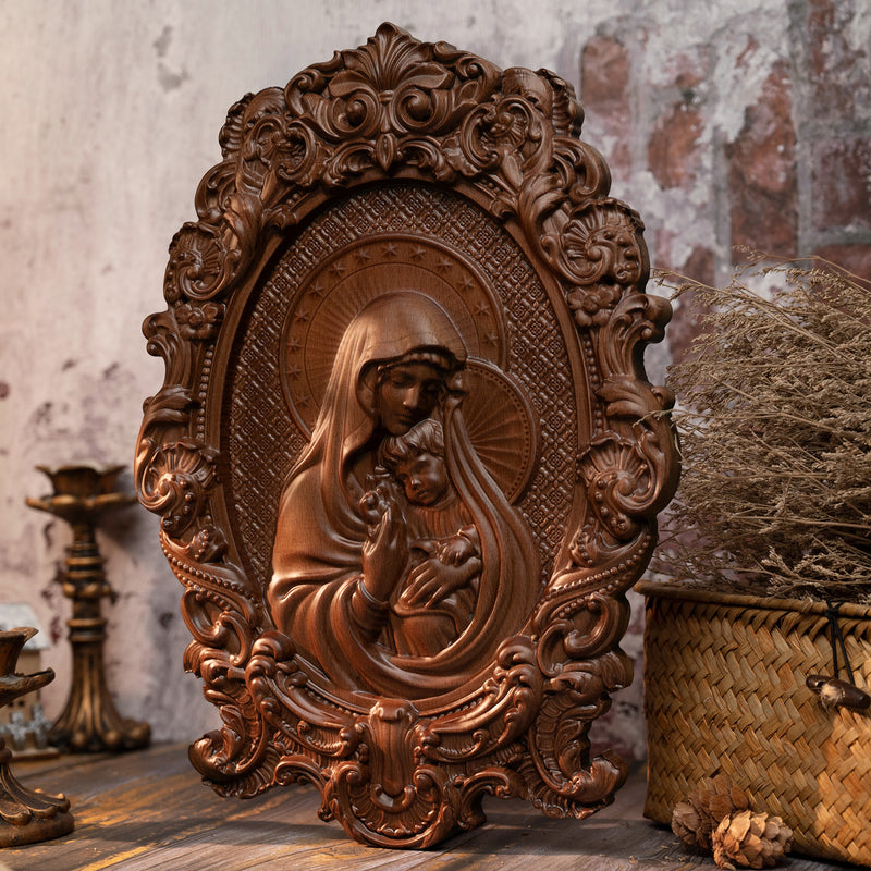 Bgcopper Mother Mary with Baby Jesus Wood Carving Decor