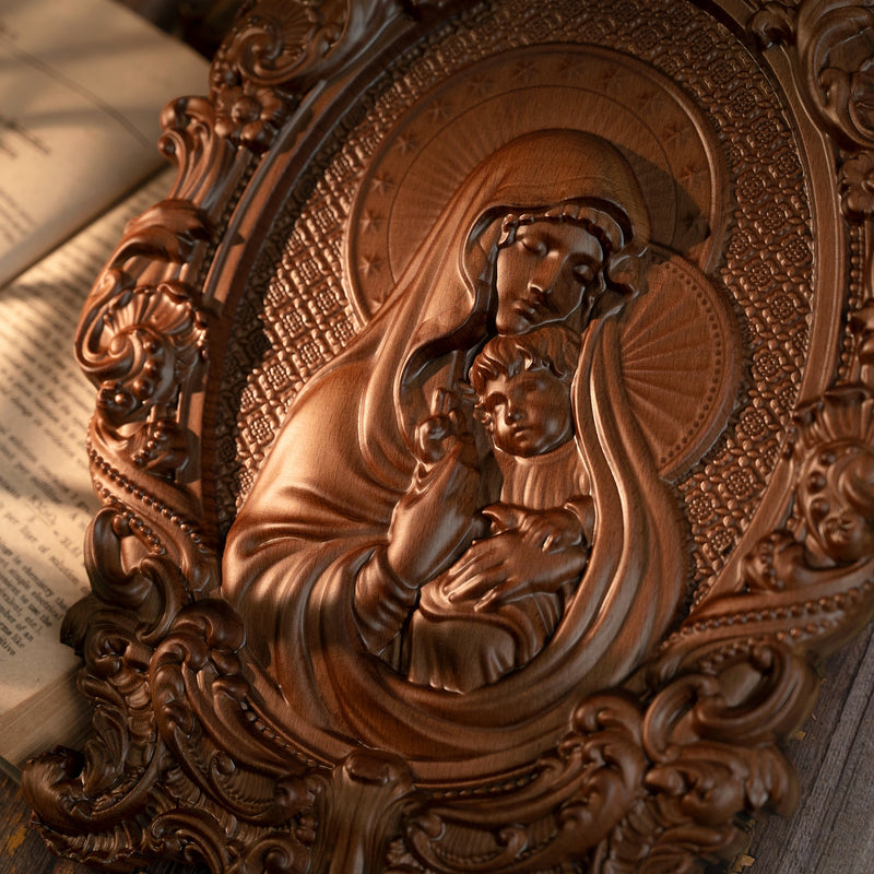 Mother Mary with Baby Jesus Wood Carving Decor