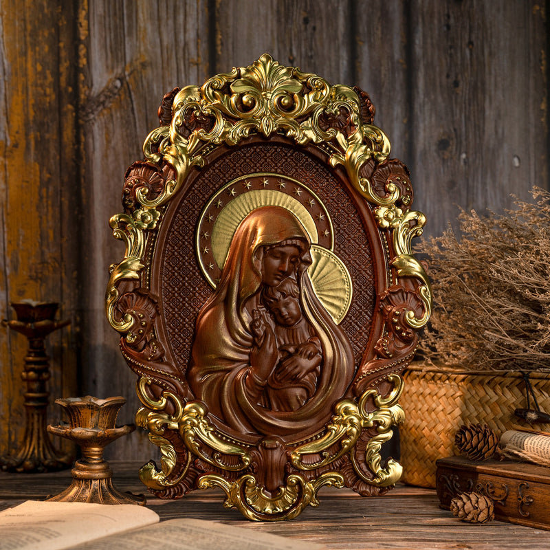 Mother Mary with Baby Jesus Wood Carving Decor