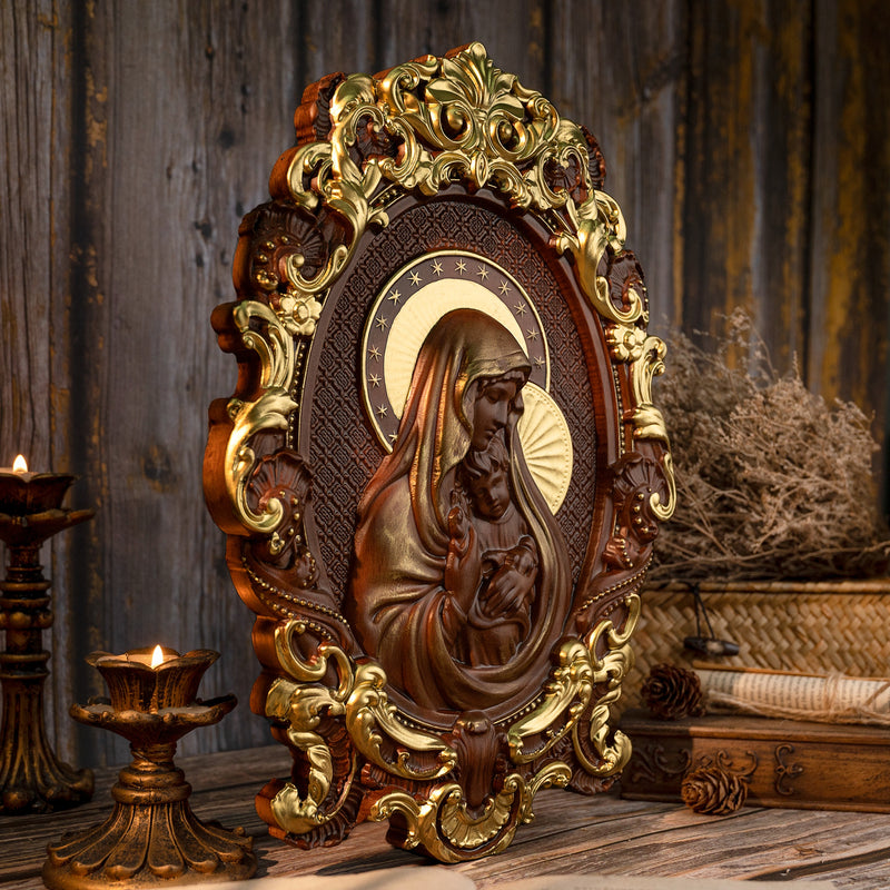 Mother Mary with Baby Jesus Wood Carving Decor