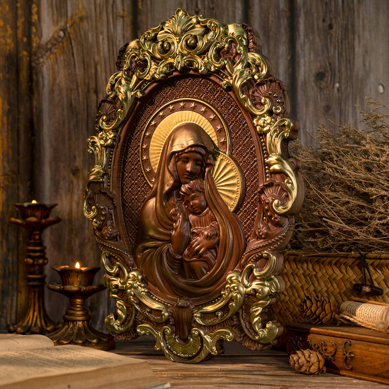 Mother Mary with Baby Jesus Wood Carving Decor