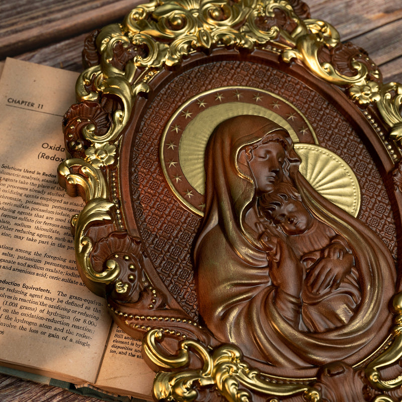Mother Mary with Baby Jesus Wood Carving Decor