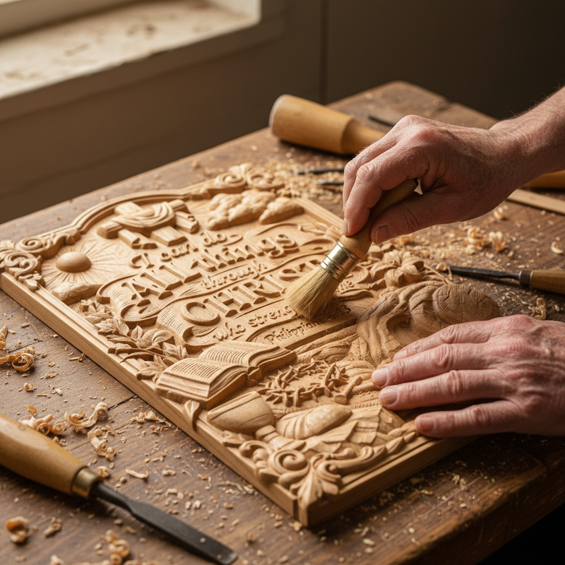 Close-up of hand-carved Philippians 4:13 wooden plaque texture