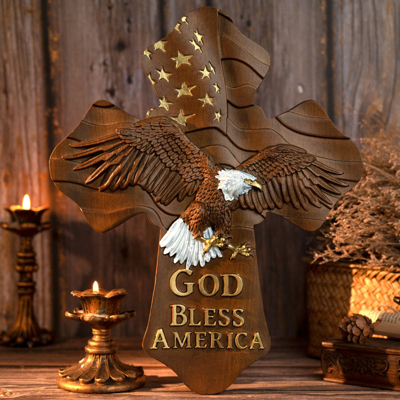 American Eagle Wooden Cross - God Bless America (Light-colored models)