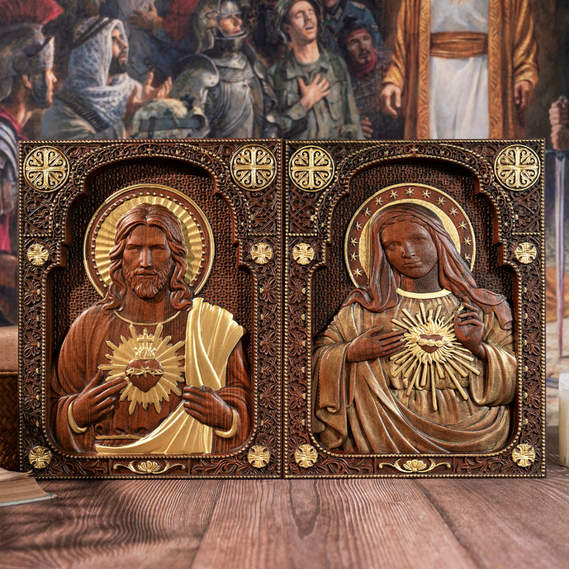 Our Lord Jesus Sacred Heart , Immaculate Heart of Mary Sacred Heart Wood Sculpture - For the FaithfulWood Carving