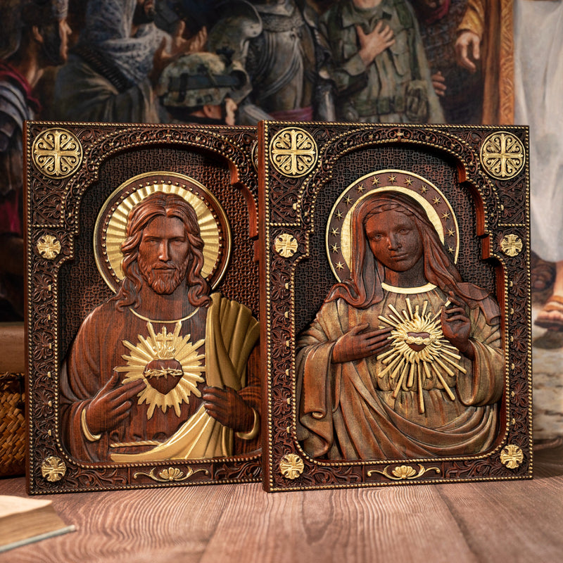 Our Lord Jesus Sacred Heart , Immaculate Heart of Mary Sacred Heart Wood Sculpture - For the FaithfulWood Carving