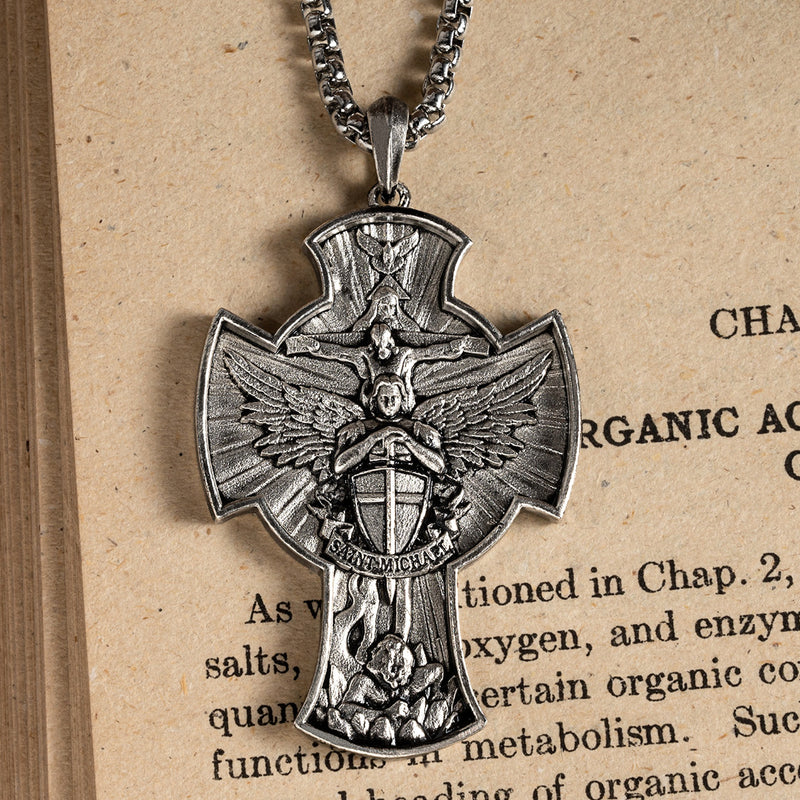 925K Sterling Silver Trinity and Archangel Dragonslayer Cross Necklace