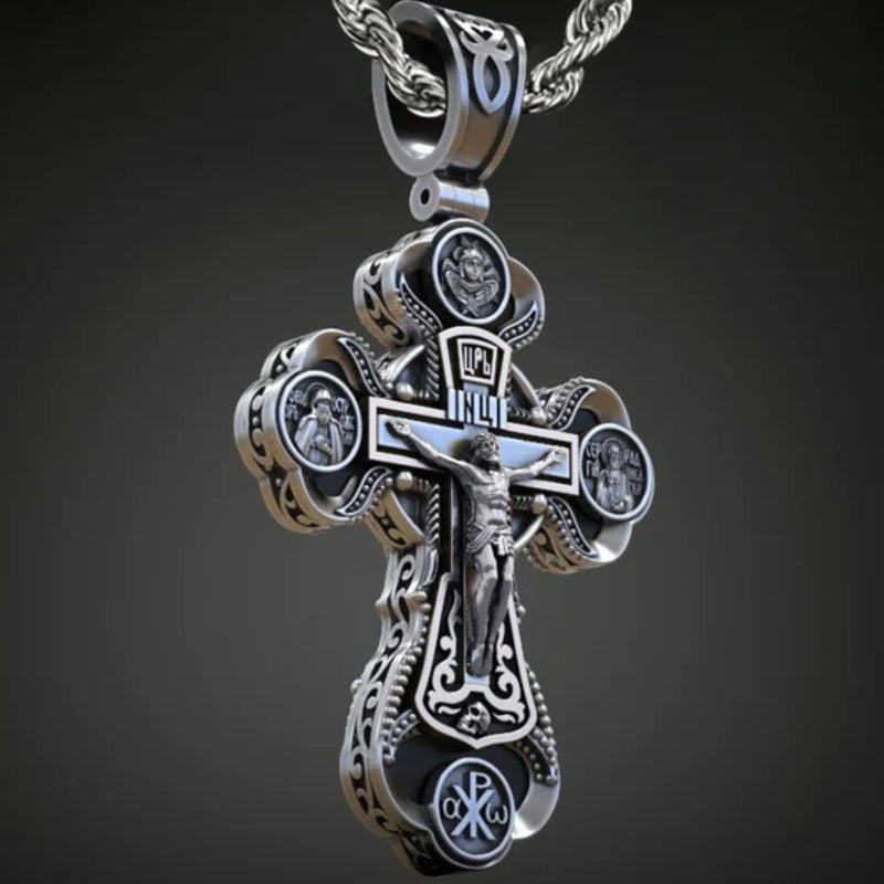 Jesus Virgin Mary Trinity Double Sided Engraved S925K Silver Cross Necklace