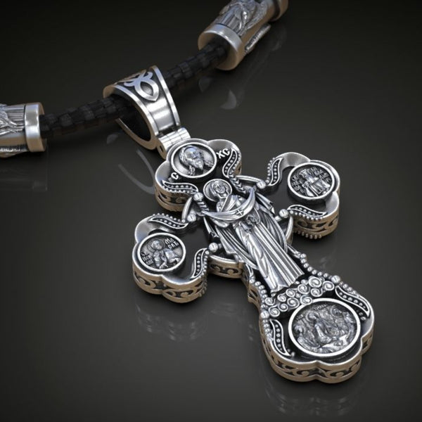 Jesus Virgin Mary Trinity Double Sided Engraved S925K Silver Cross Necklace