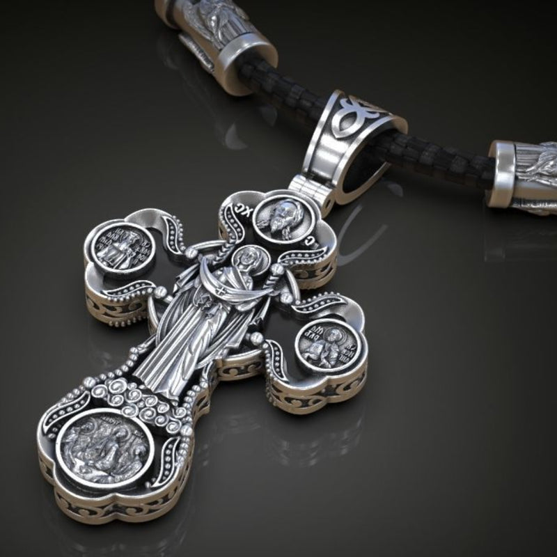 Jesus Virgin Mary Trinity Double Sided Engraved S925K Silver Cross Necklace