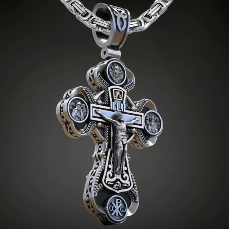 Jesus Virgin Mary Trinity Double Sided Engraved S925K Silver Cross Necklace