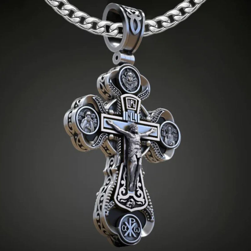 Jesus Virgin Mary Trinity Double Sided Engraved S925K Silver Cross Necklace