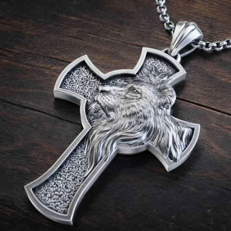 S925K Silver Lion's Head Cross Necklace