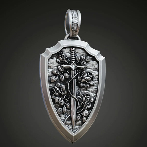 S925K Silver Necklace Sword and Shield Rose: Embedded Shield of Faith - BGCOPPER
