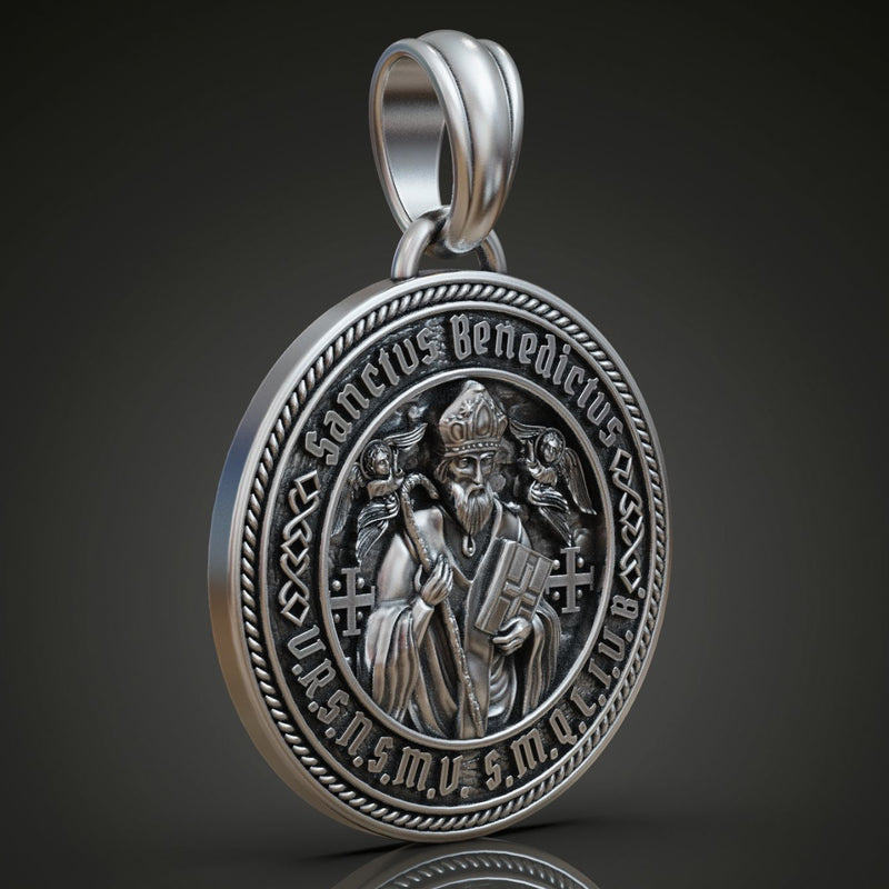 St. Benedict S925K Silver Double-Sided Engraved Amulet Pendant