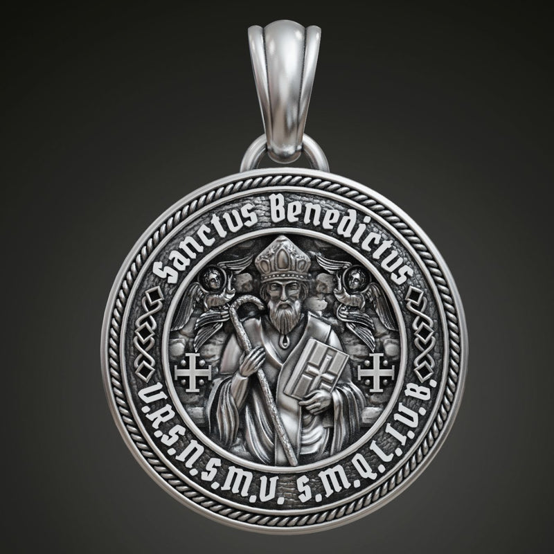 St. Benedict S925K Silver Double-Sided Engraved Amulet Pendant