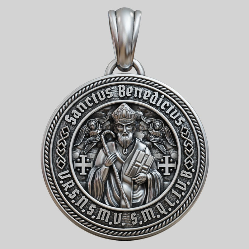 St. Benedict S925K Silver Double-Sided Engraved Amulet Pendant