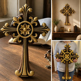 Hand-Carved Beechwood Ornate Cross – Gold Accented Christian Wall Cross