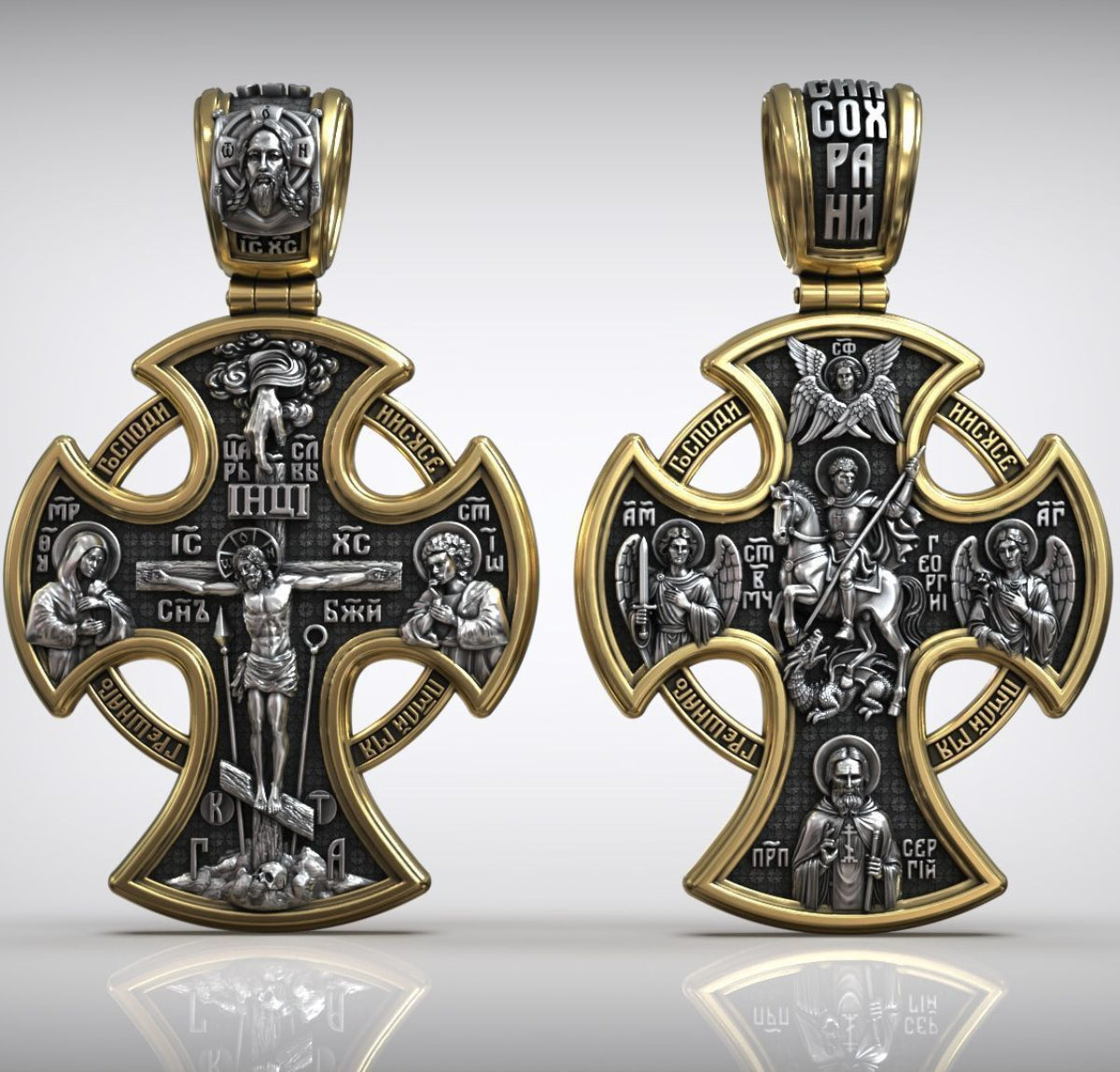 Double-sided S925k silver pendant depicting the Passion of Christ