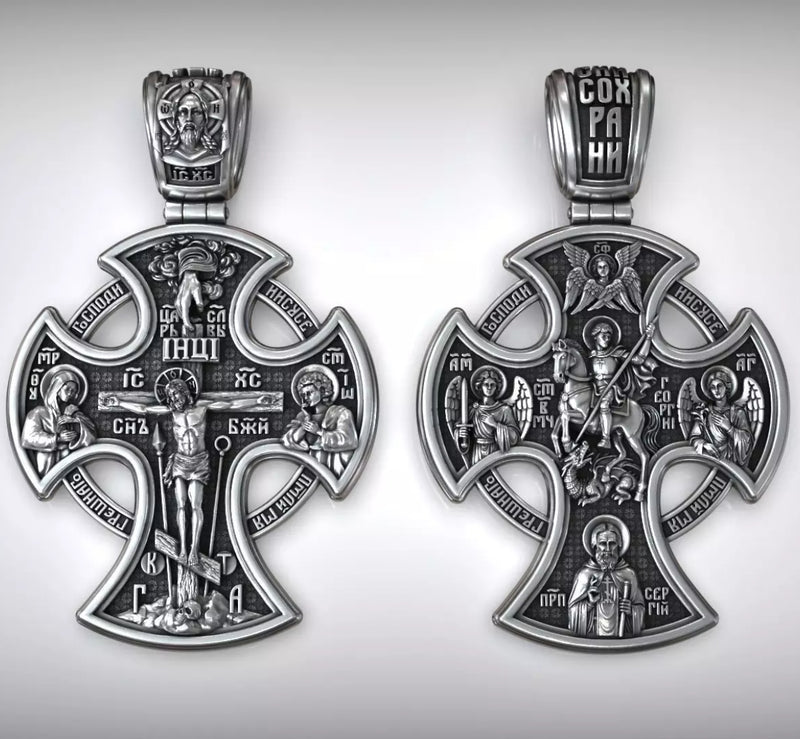 Double-sided S925k silver pendant depicting the Passion of Christ and St. George slaying the dragon.