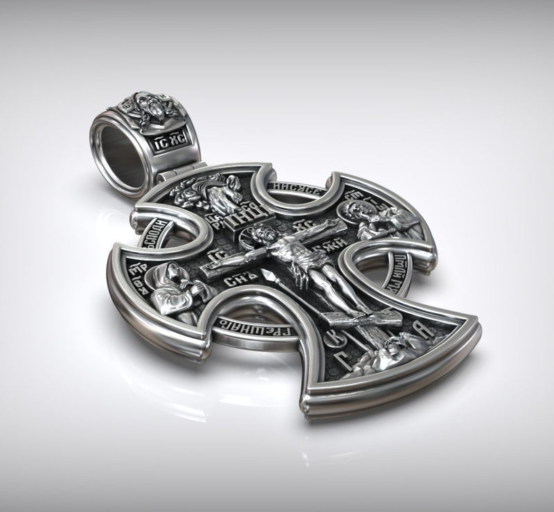 Double-sided S925k silver pendant depicting the Passion of Christ and St. George slaying the dragon.