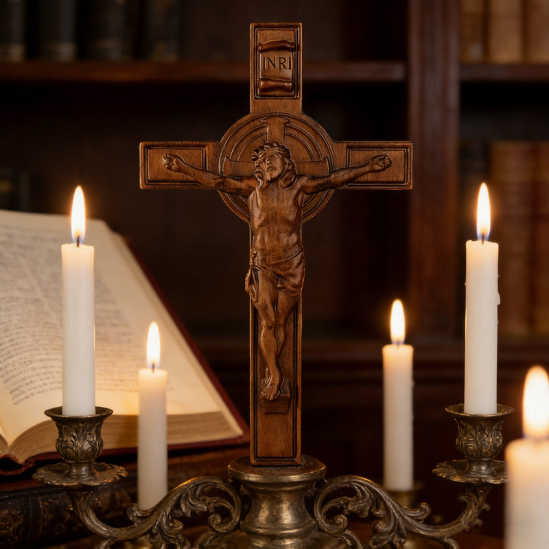 Bgcopper INRI Wood Carving Crucifix